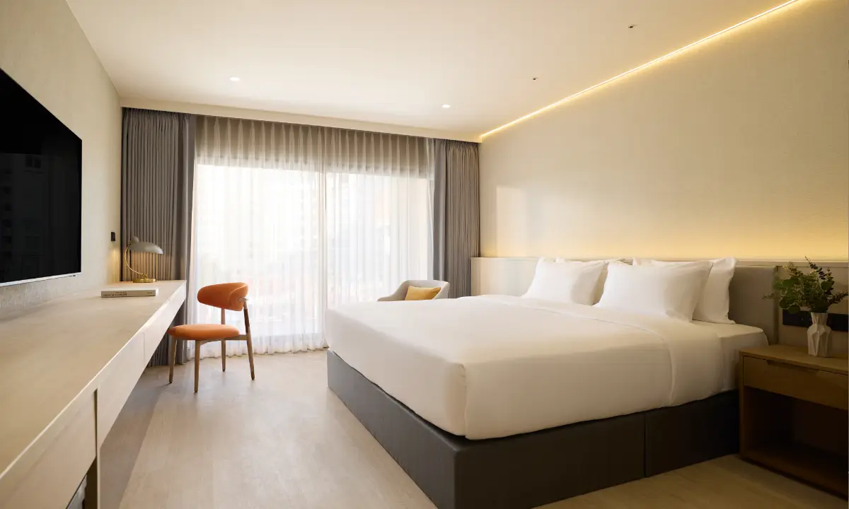 Poolview room with a comfortable king size bed